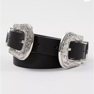 bke double buckle black leather belt with silver hardware, size large